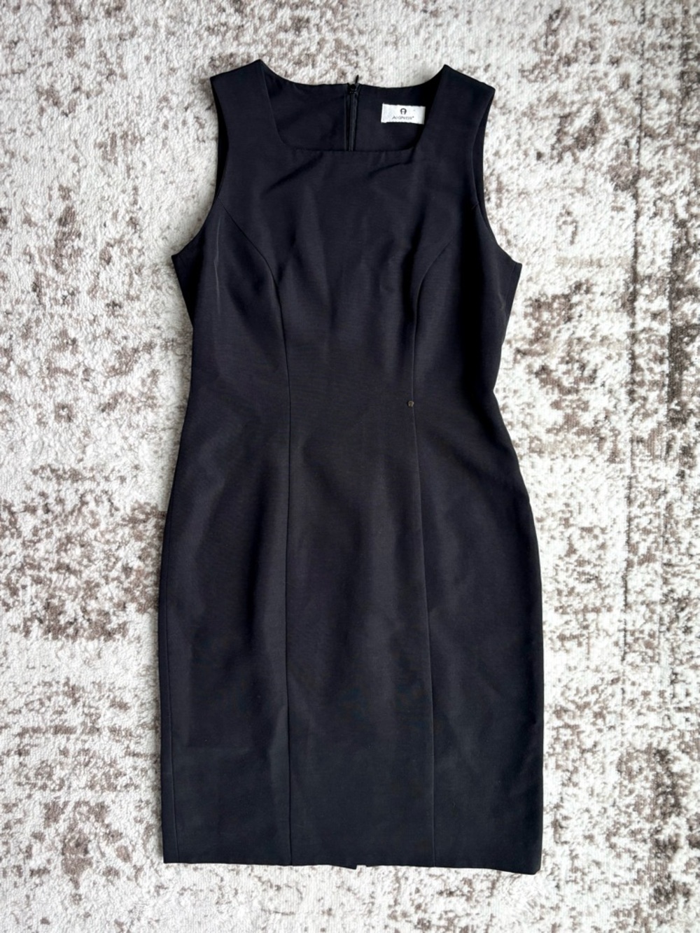 Vintage Etienne Aigner Square Neck Tailored Sheath Midi LBD Black Dress